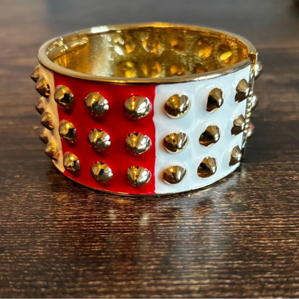 Gold Spike Hinged Cuff Bracelet‎ with Red and White Enamel